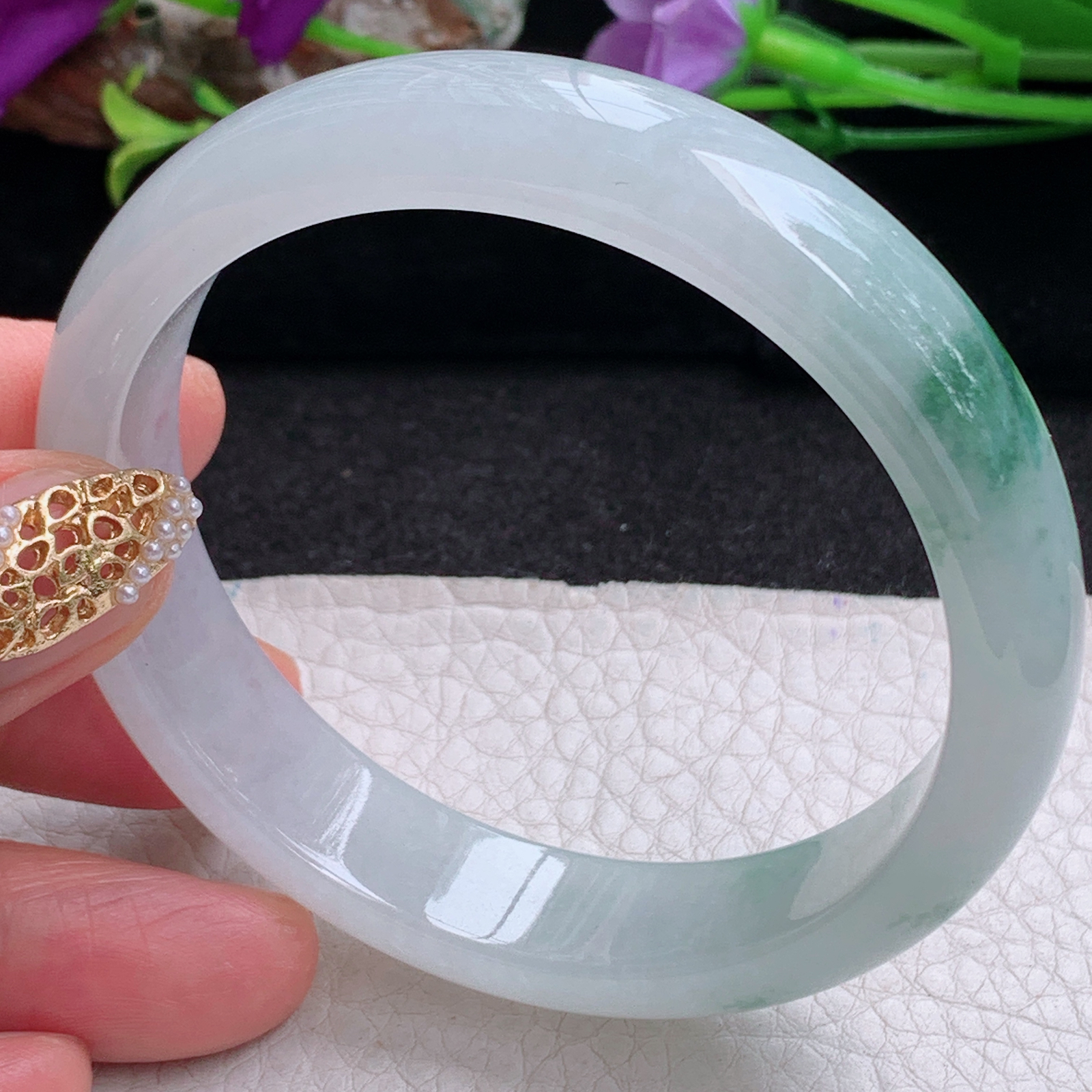 pj实拍58*13*7.2平安镯 天然缅甸翡翠手镯冰飘花厚装正圈玉镯子