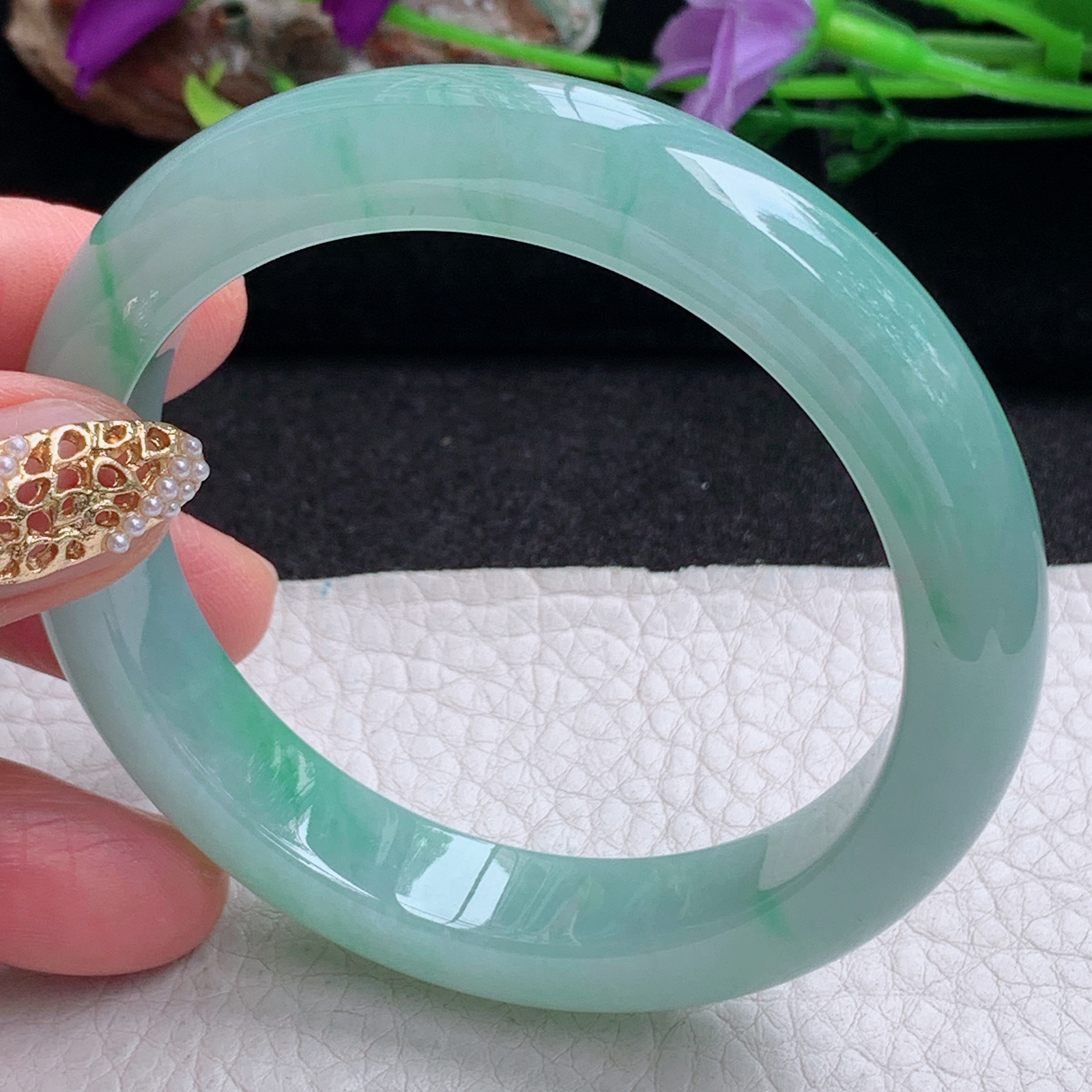 fx实拍56*12*8.6平安镯 天然缅甸翡翠a货手镯冰胶飘绿正圈玉镯子