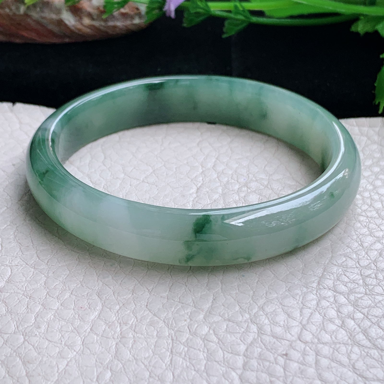 js实拍59*12*7平安镯 天然缅甸翡翠a货手镯冰飘花正圈玉镯子