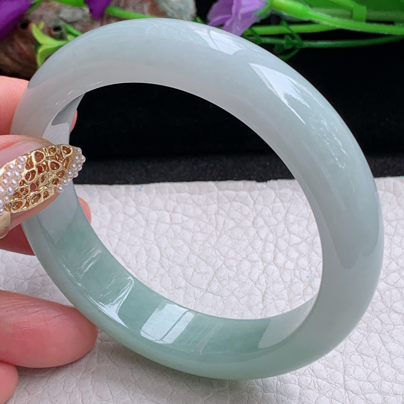 js实拍58*14*8.6招财镯 天然缅甸翡翠a货手镯半山水正圈玉镯子