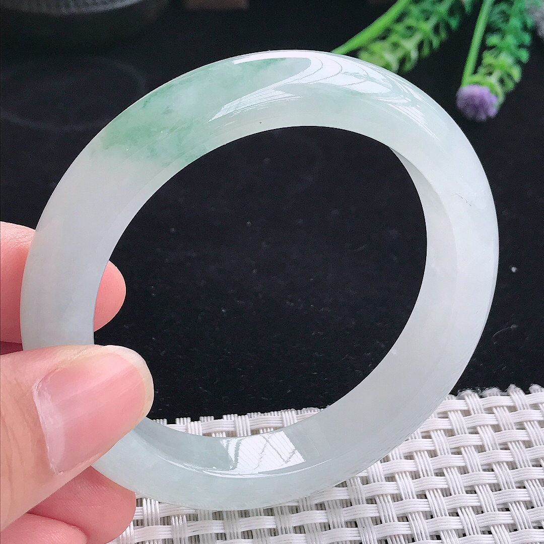 实拍A货翡翠55/11.8/9.2老坑冰透起胶冰飘花手镯翡翠宽边玉镯平安镯