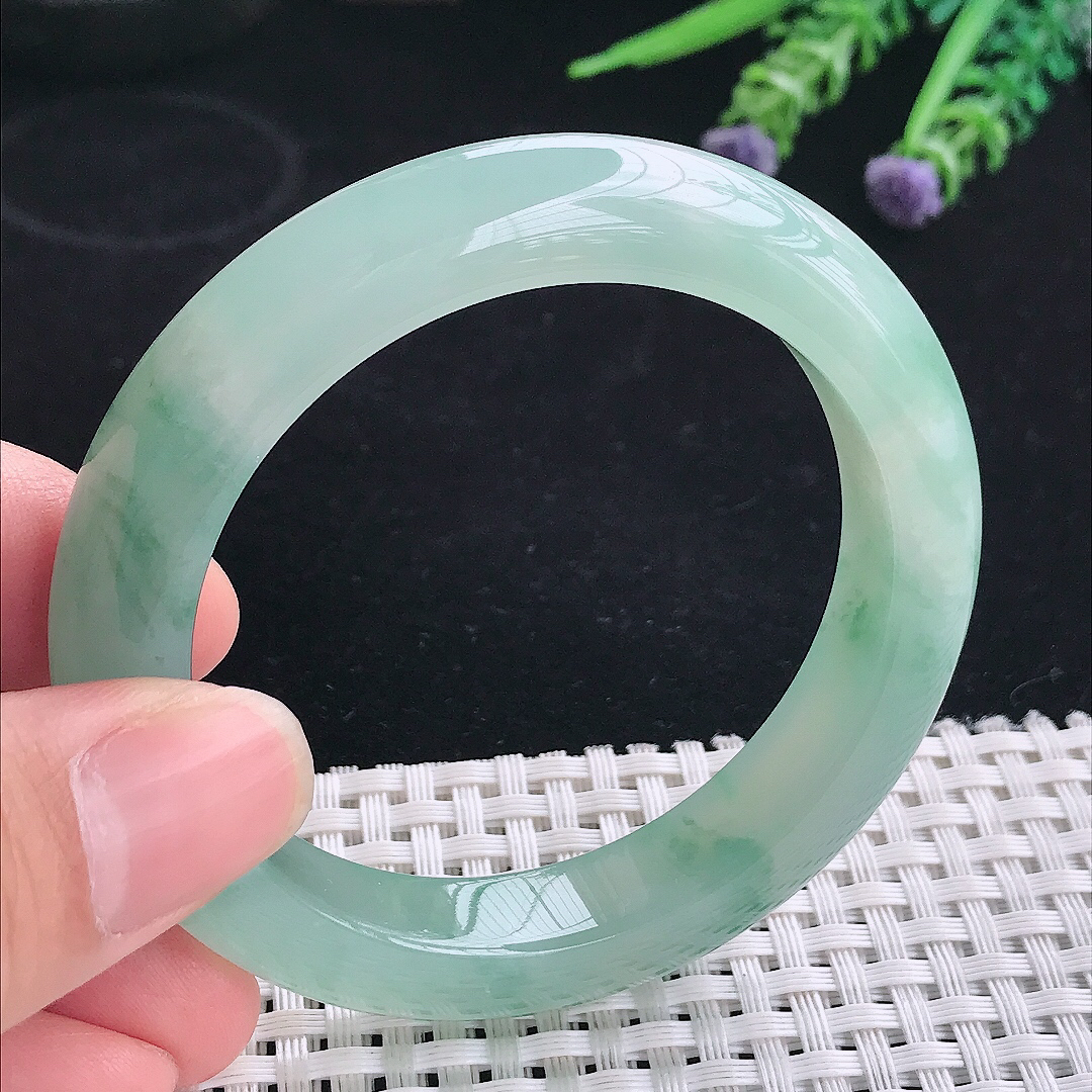 实拍A货翡翠53/11.3/9.1老坑冰胶果冻冰晴飘花手镯平安镯