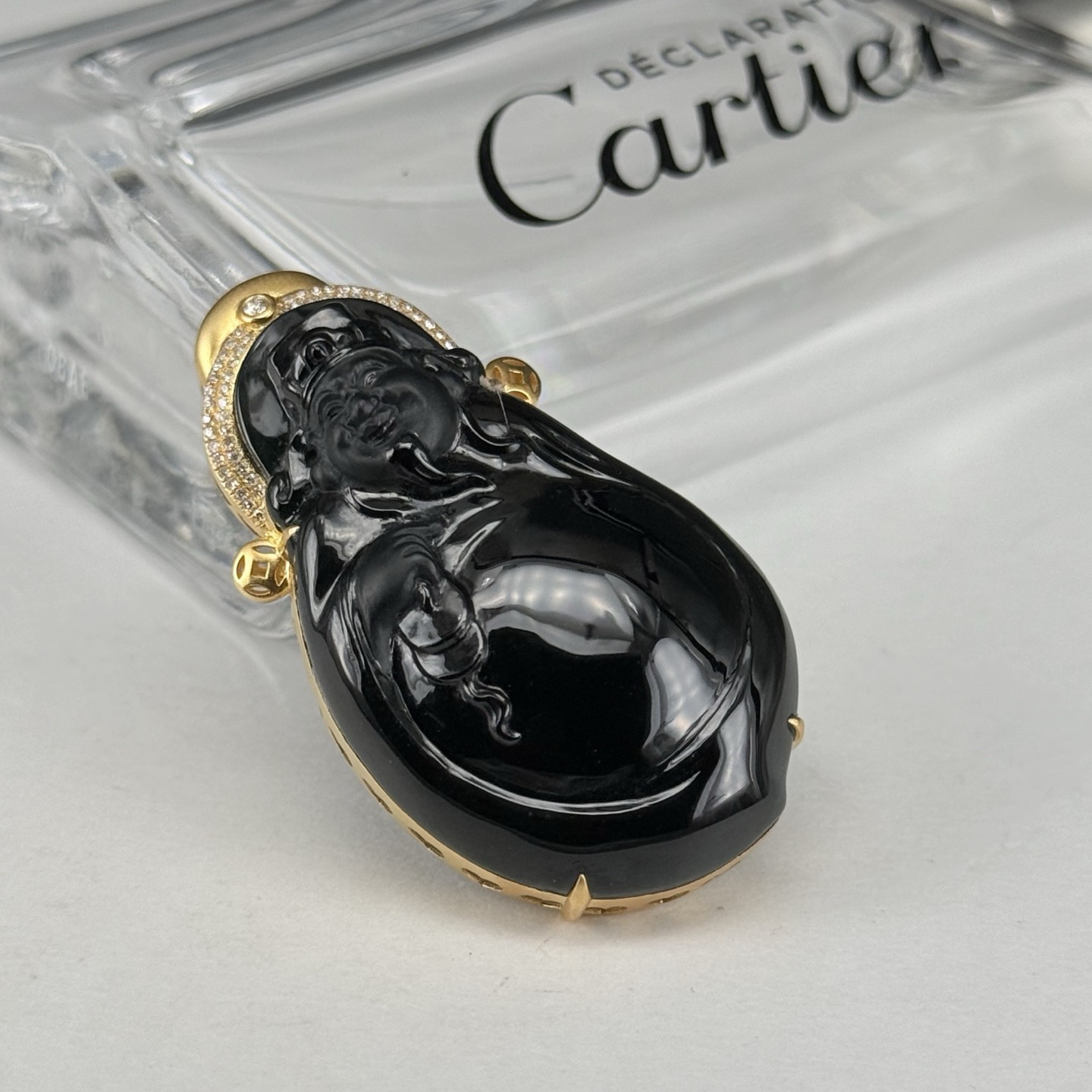 精品18k墨翠财神爷 种好色正 黑度极好 打灯通透 油性十足   尺寸44.5