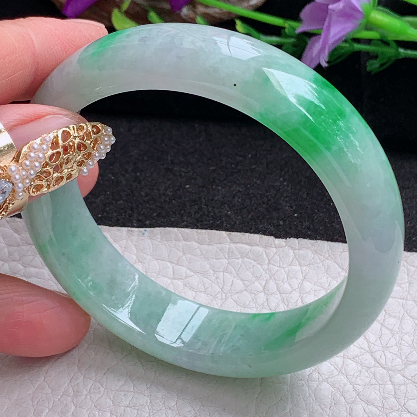 ss实拍56.8*15*8轮胎镯 天然缅甸翡翠手镯飘阳绿正圈玉镯子