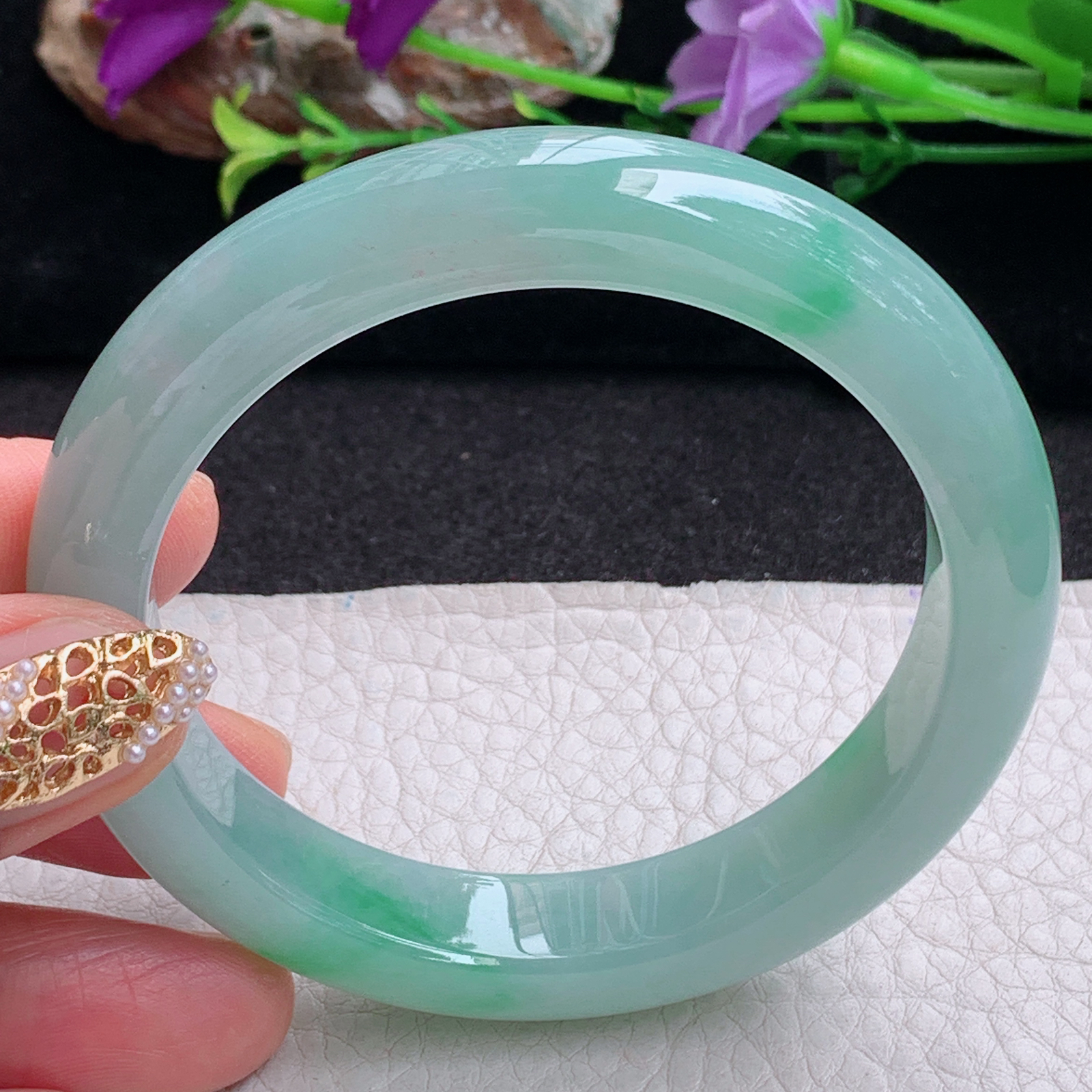 fx实拍56*12*8.6平安镯 天然缅甸翡翠a货手镯冰胶飘绿正圈玉镯子