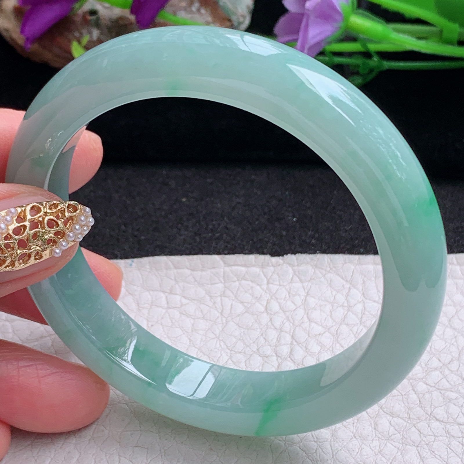 fx实拍56*12*8.6平安镯 天然缅甸翡翠a货手镯冰胶飘绿正圈玉镯子