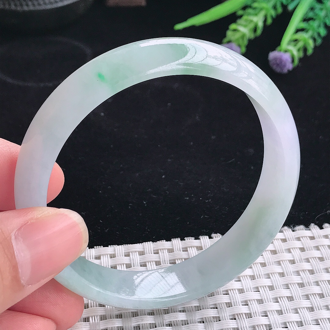 实拍A货翡翠58/14/6.6老坑冰润起胶飘花手镯翡翠宽边玉镯平安镯