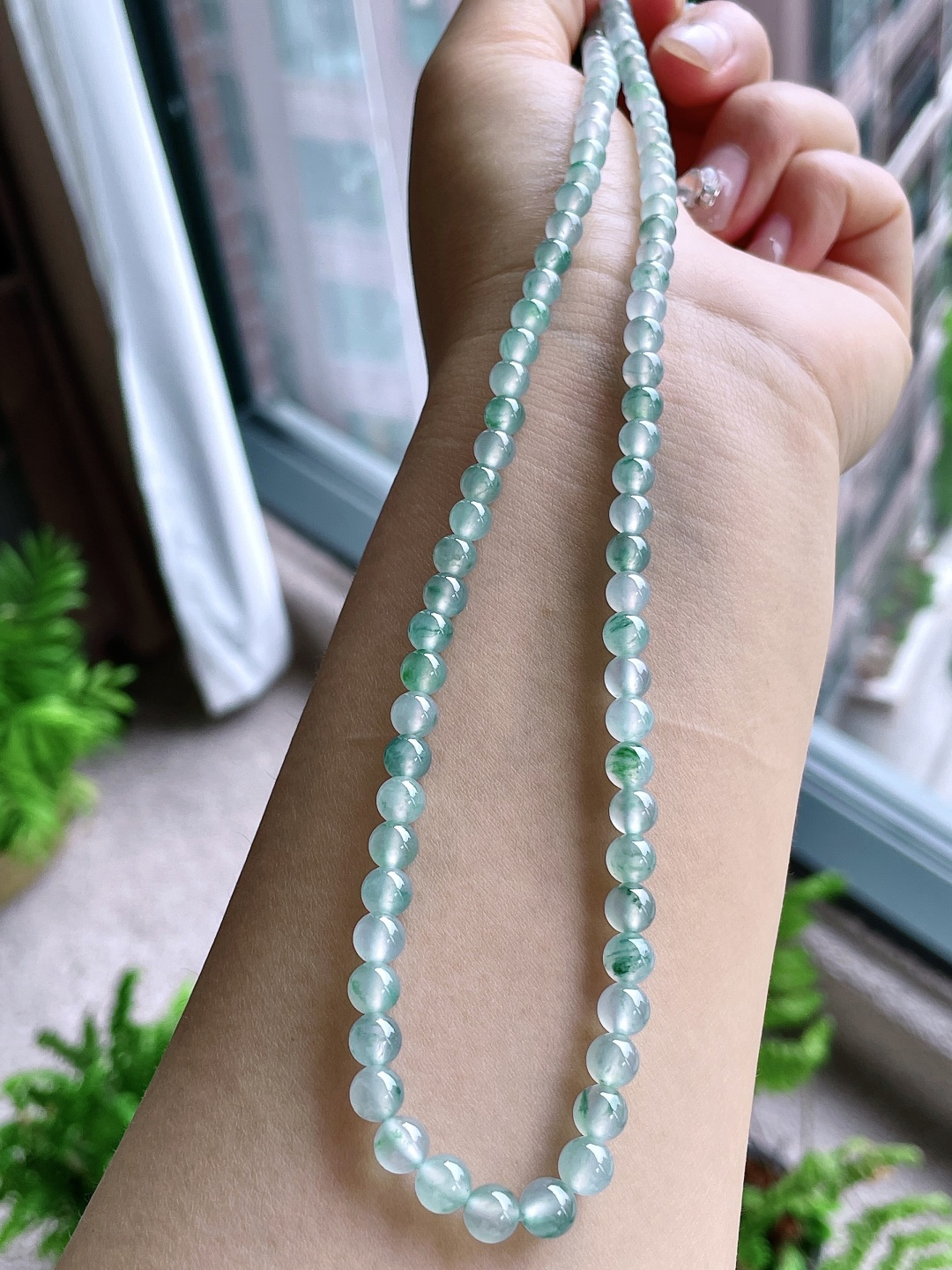 珠子高冰飘花珠链圆珠珠子珠链，缅料 性比高，4.5-6mm，31cm，28.7克