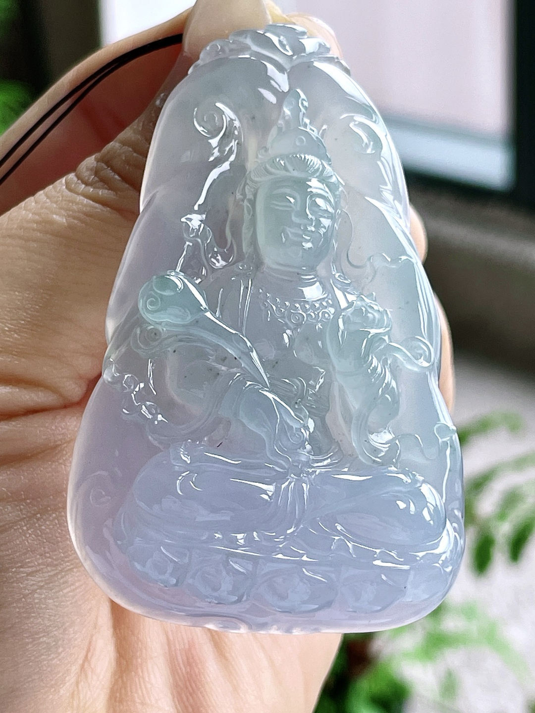 冰种紫底观音牌吊坠，缅甸，无裂，性比高，67-41.3-12.8，57克