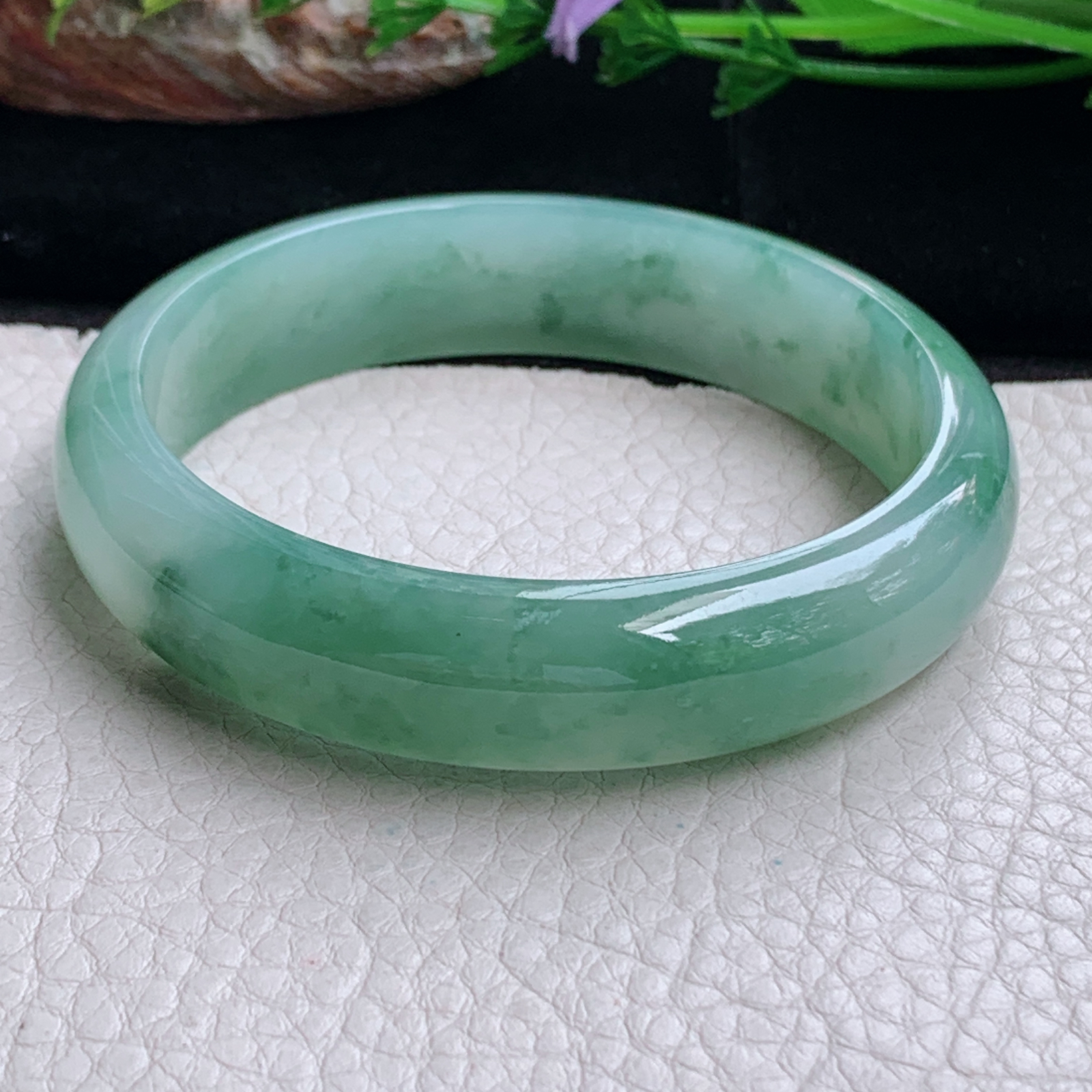 js实拍58*14.3*7平安镯 天然缅甸翡翠a货手镯冰飘花正圈玉镯子