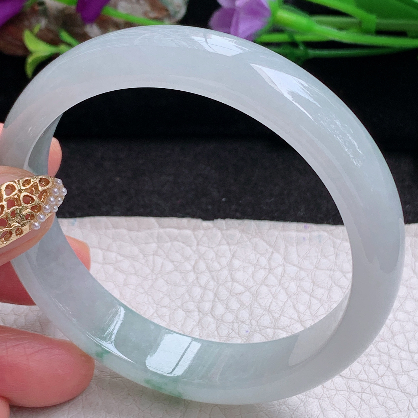 pj实拍58*13*7.2平安镯 天然缅甸翡翠手镯冰飘花厚装正圈玉镯子