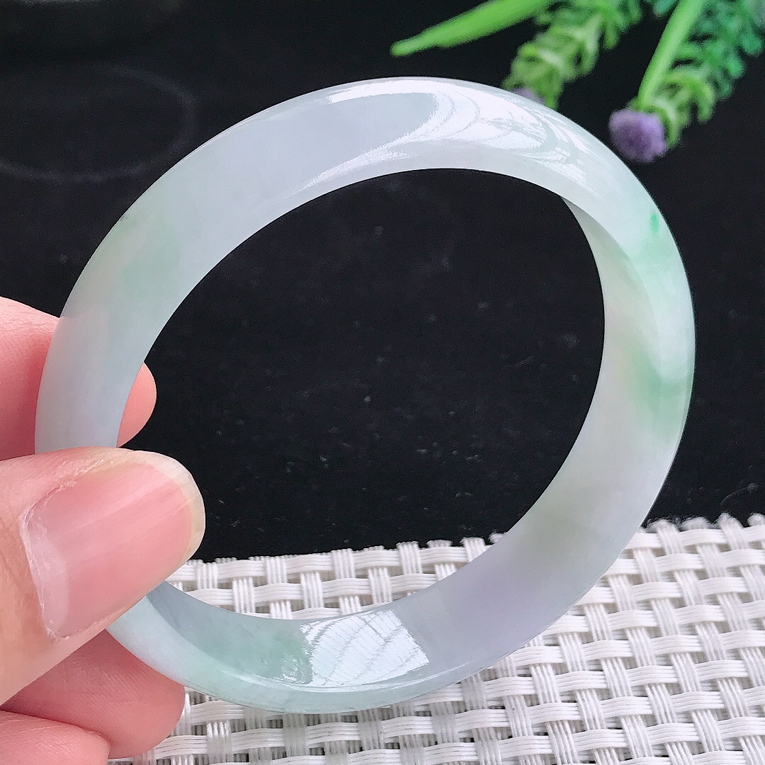 实拍A货翡翠58/14/6.6老坑冰润起胶飘花手镯翡翠宽边玉镯平安镯