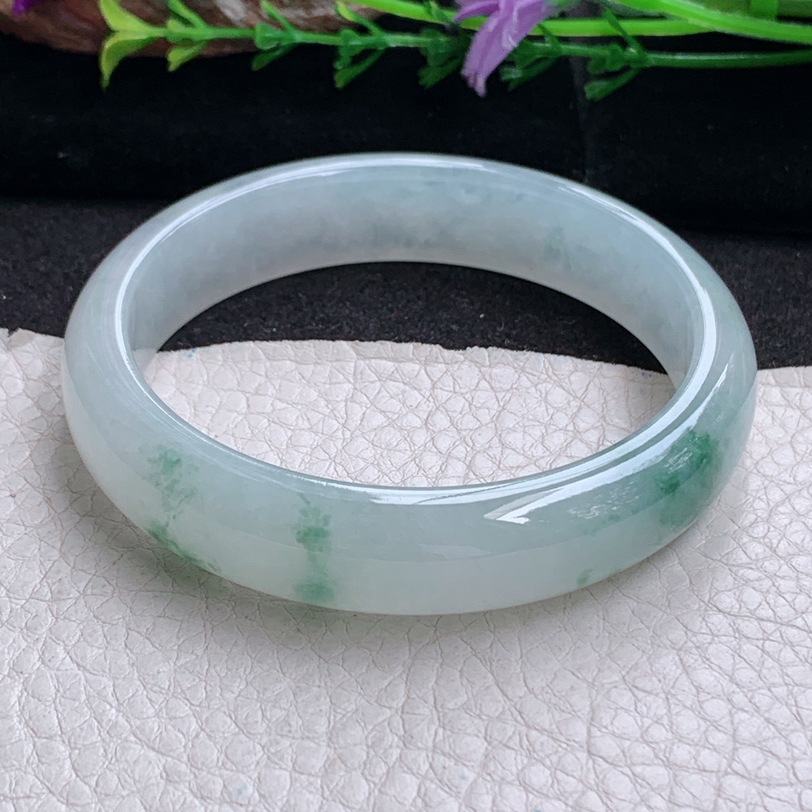 pj实拍58*13*7.2平安镯 天然缅甸翡翠手镯冰飘花厚装正圈玉镯子