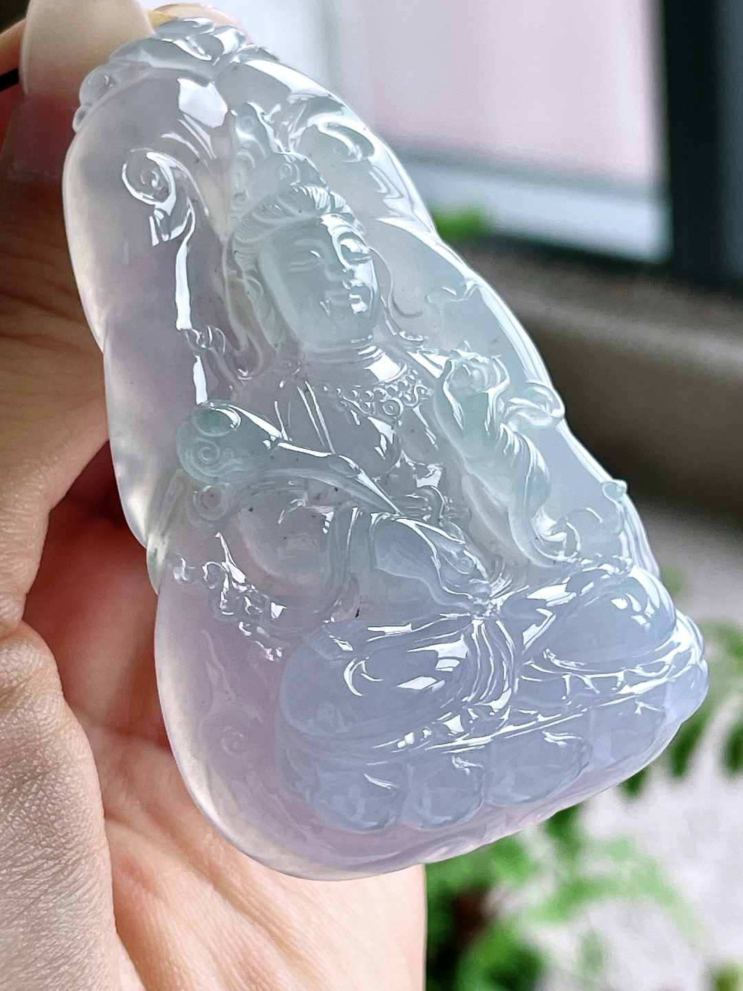 冰种紫底观音牌吊坠，缅甸，无裂，性比高，67-41.3-12.8，57克