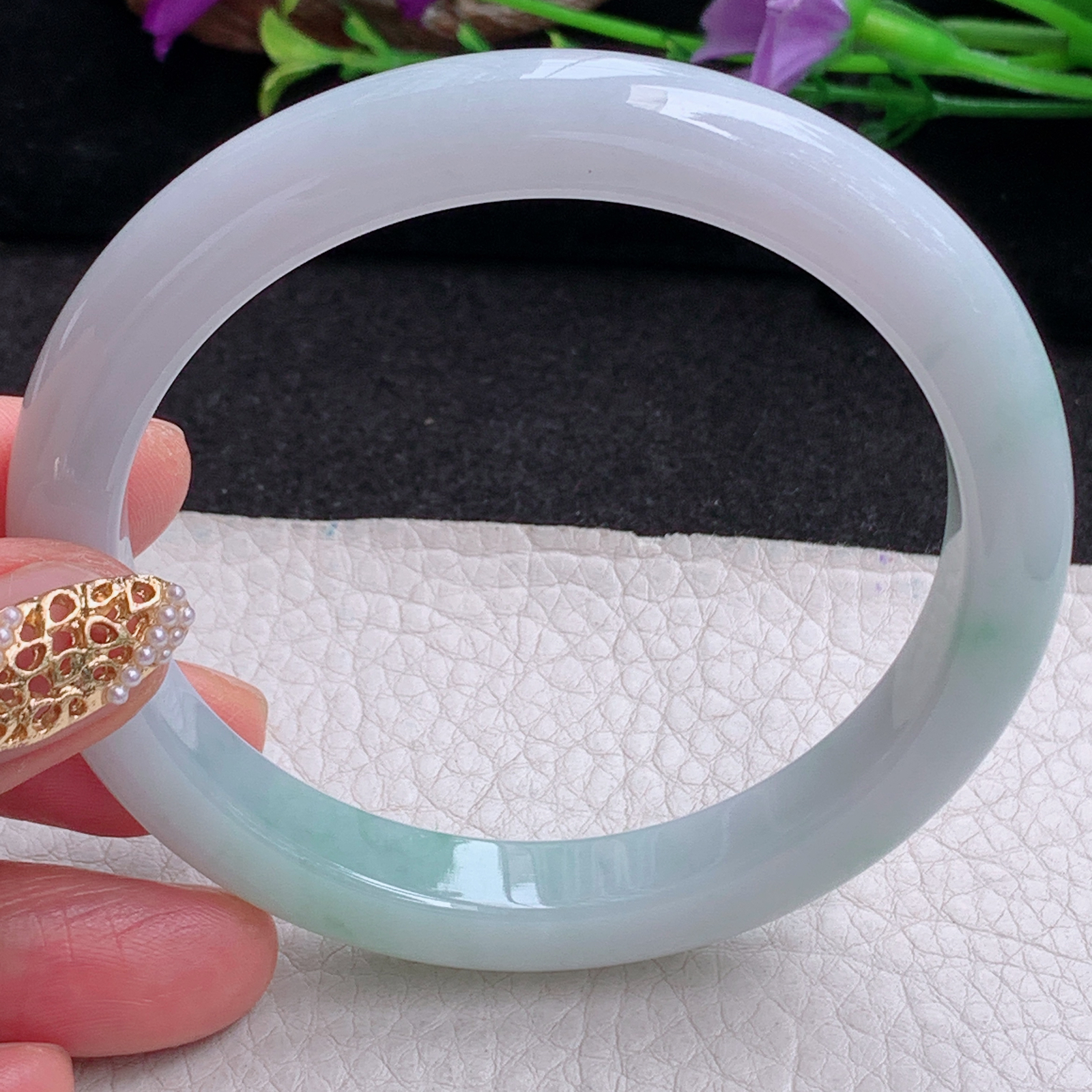 hy大圈口60.8*9.8*8.3平安镯 天然缅甸翡翠手镯飘绿胶感正圈玉镯子