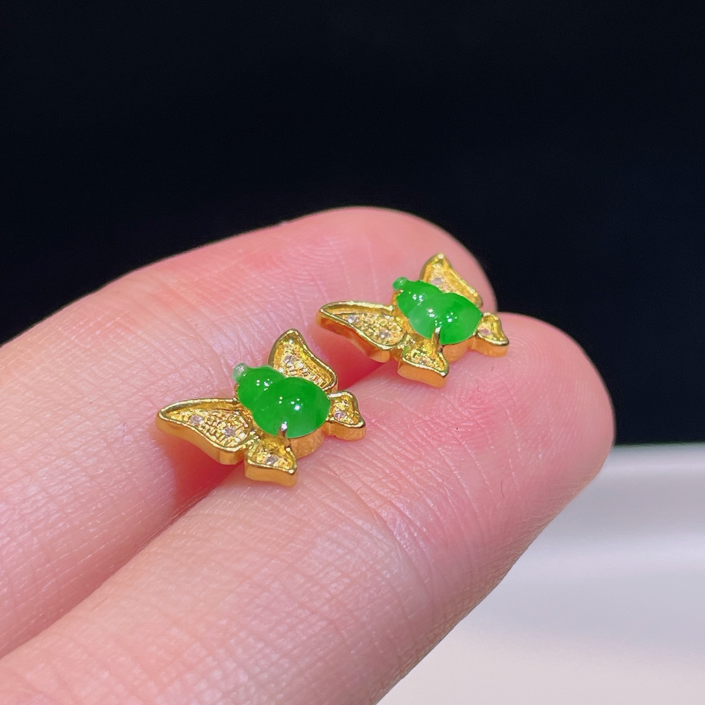 ️ 满绿蝴蝶耳钉 色阳 种老 18k金镶嵌 尺寸7.8/9.8/3.3