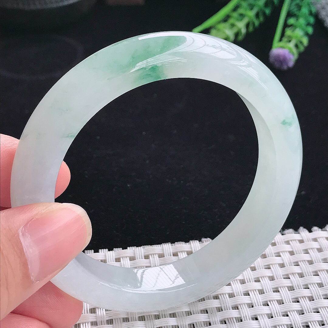实拍A货翡翠55/11.8/9.2老坑冰透起胶冰飘花手镯翡翠宽边玉镯平安镯
