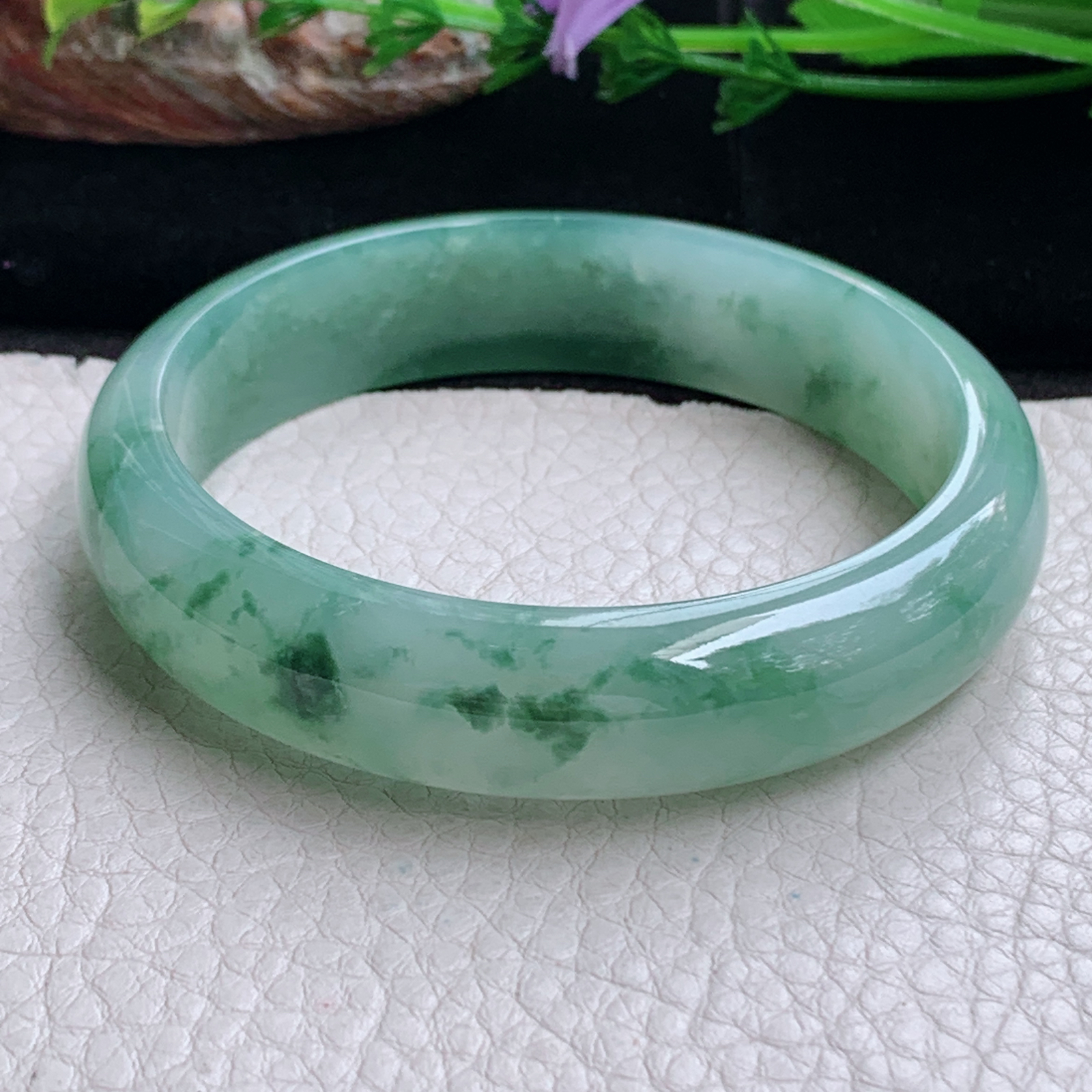js实拍58*14.3*7平安镯 天然缅甸翡翠a货手镯冰飘花正圈玉镯子