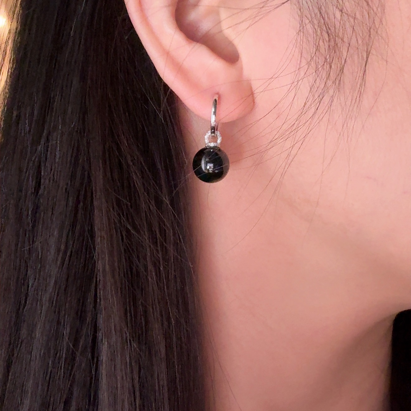 精品18k墨翠珠子耳坠 种好色正 黑度极好 打灯通透 油性十足 尺寸10.4