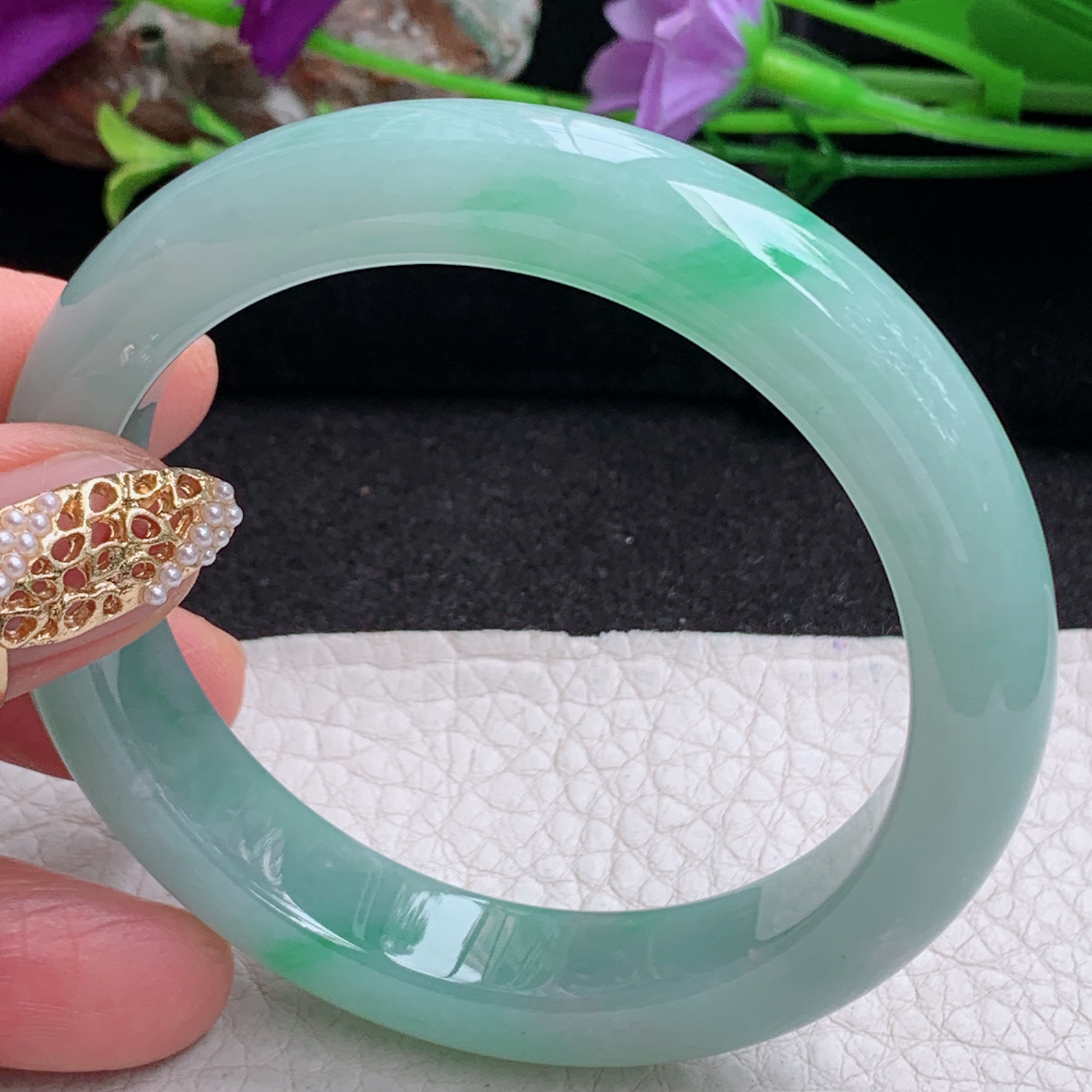 fx实拍56*12*8.6平安镯 天然缅甸翡翠a货手镯冰胶飘绿正圈玉镯子