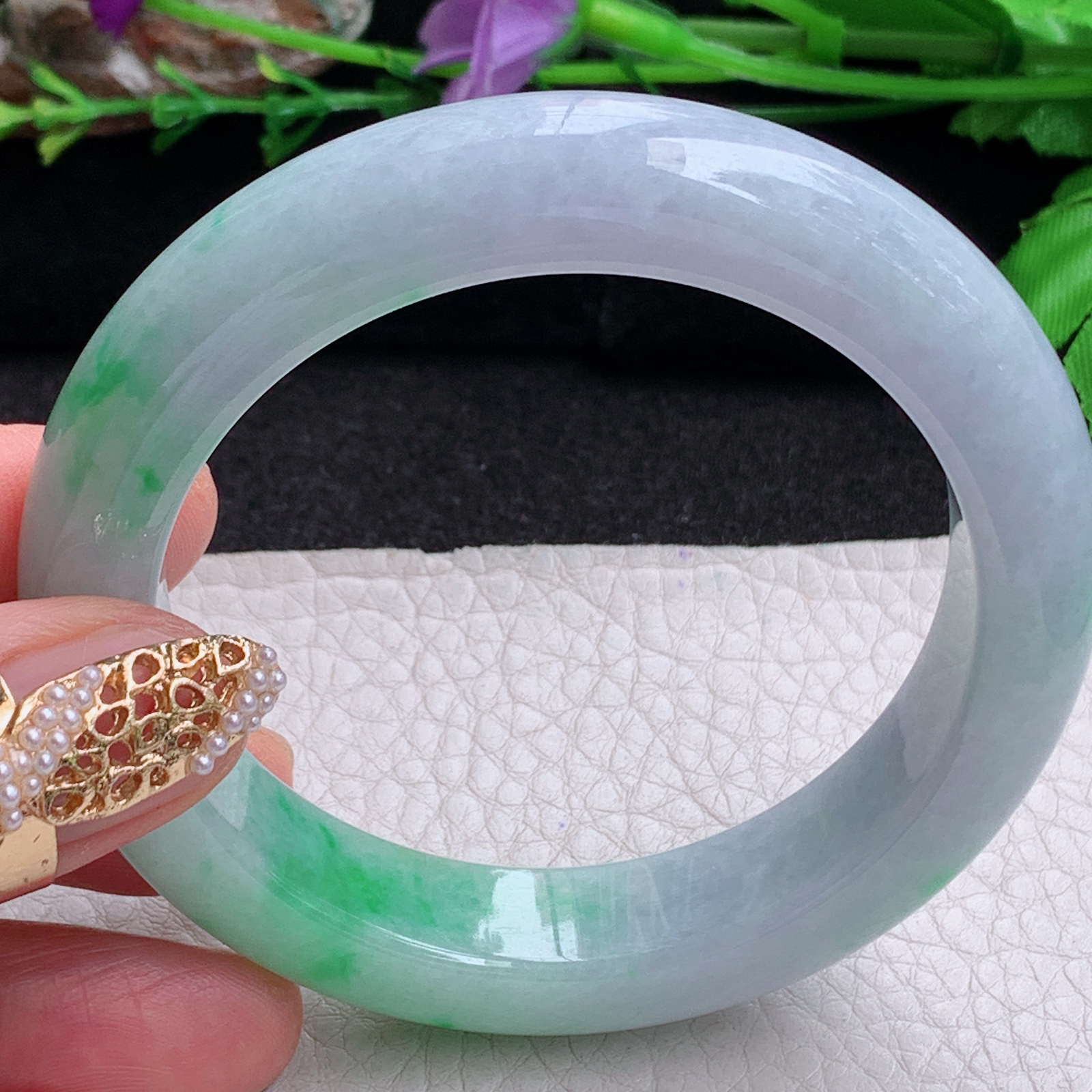 fx实拍54.5*12.8*9.6平安镯 天然缅甸翡翠a货手镯春带彩厚装正圈玉镯子