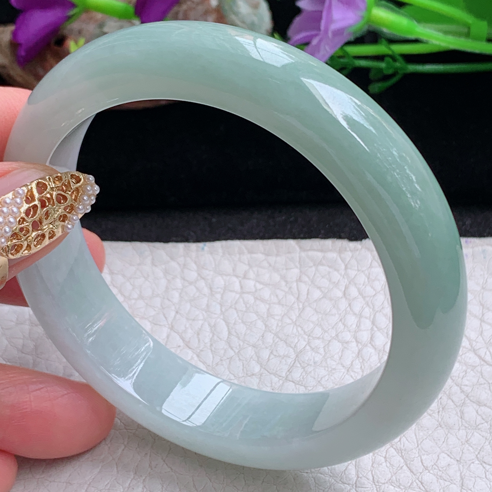 js实拍58*14*8.6招财镯 天然缅甸翡翠a货手镯半山水正圈玉镯子