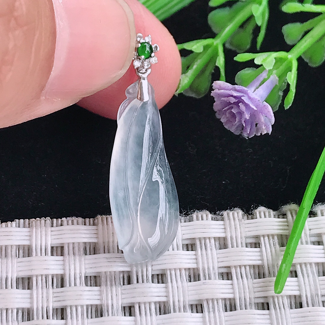 自然光22.8/8.8/4.2老坑18k金镶嵌冰种玉兰花吊坠翡翠玉坠挂件