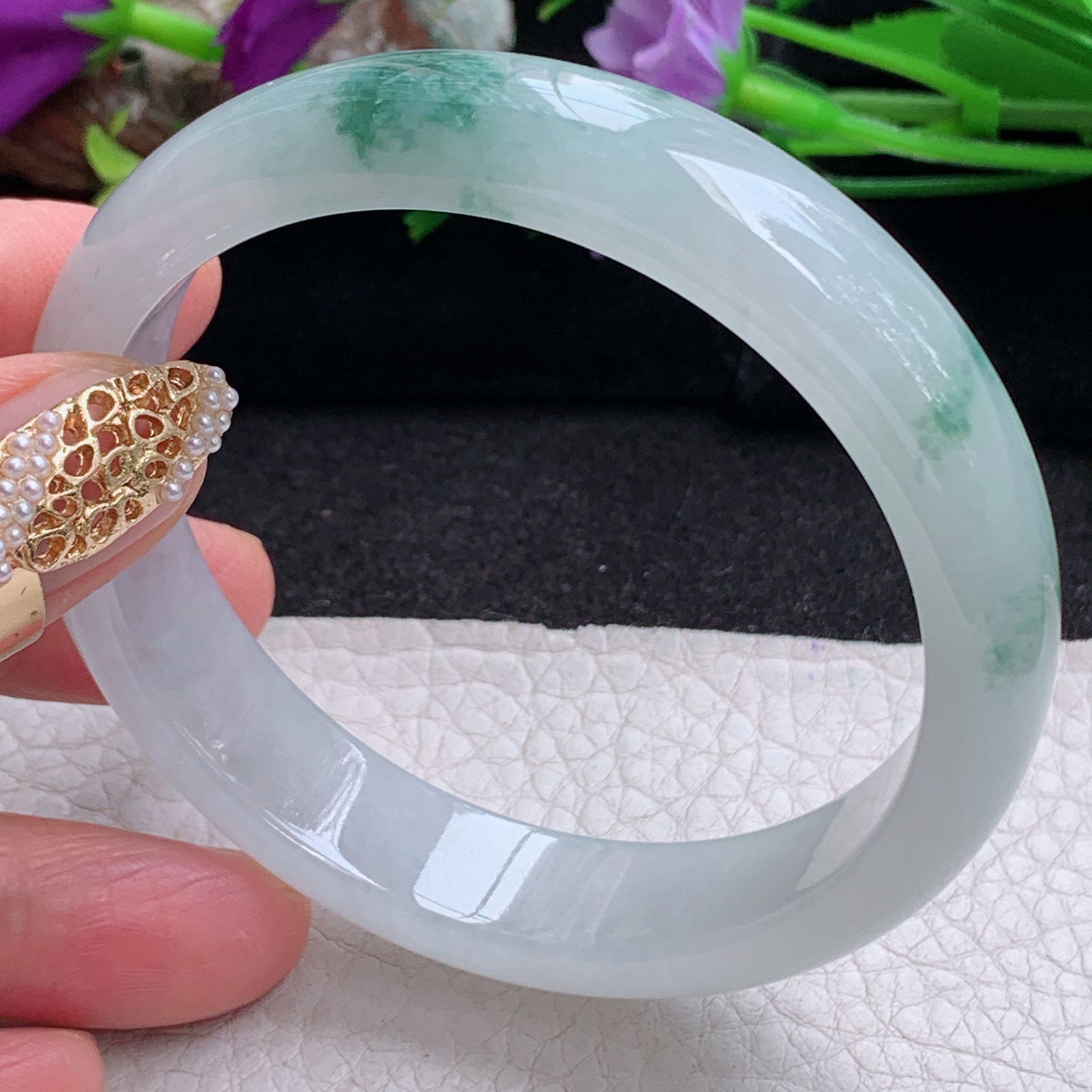 pj实拍58*13*7.2平安镯 天然缅甸翡翠手镯冰飘花厚装正圈玉镯子