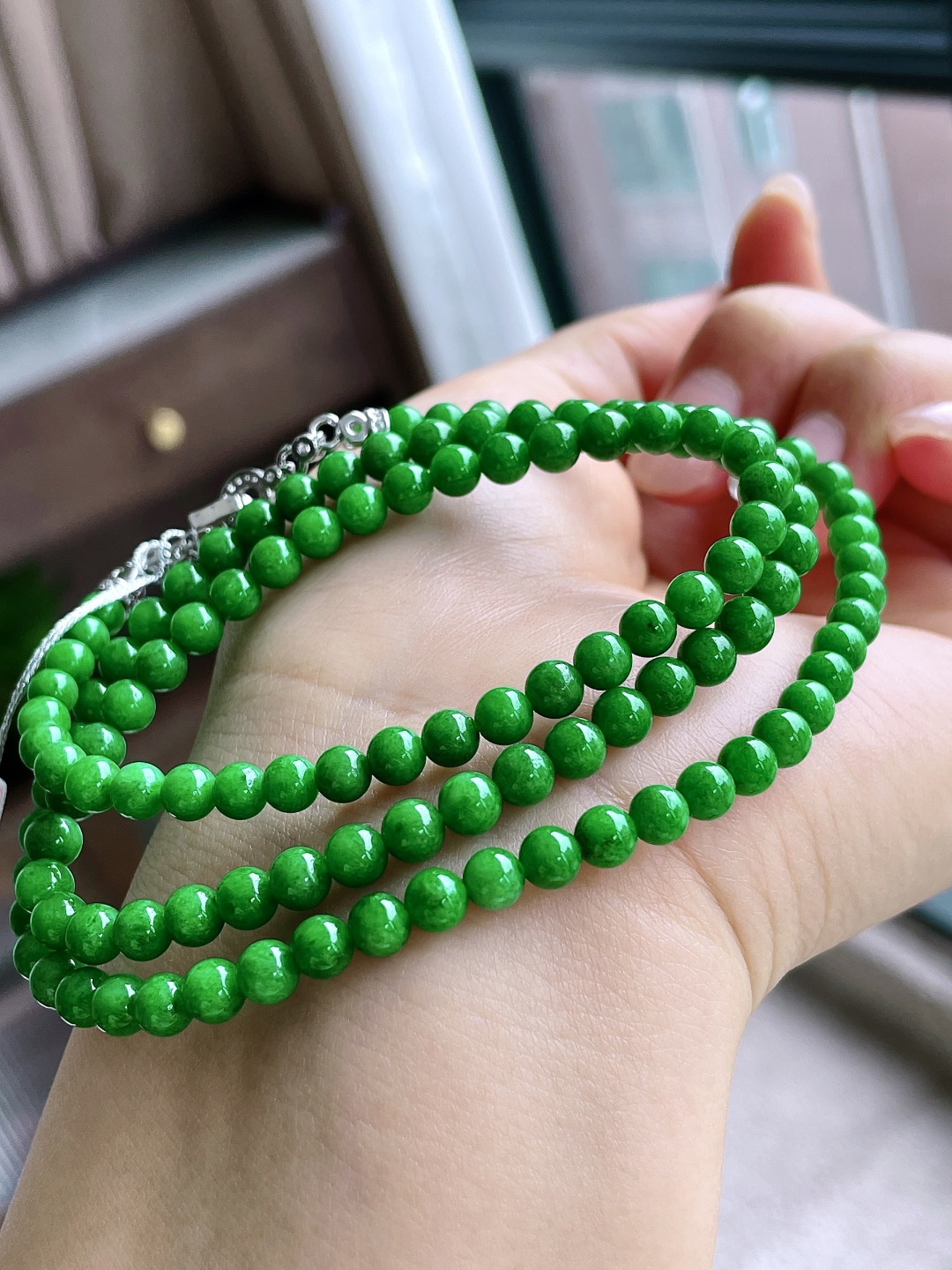 珠子，冰阳绿珠链圆珠珠子珠链，性比高，4.6-5mm，32cm，27.4克