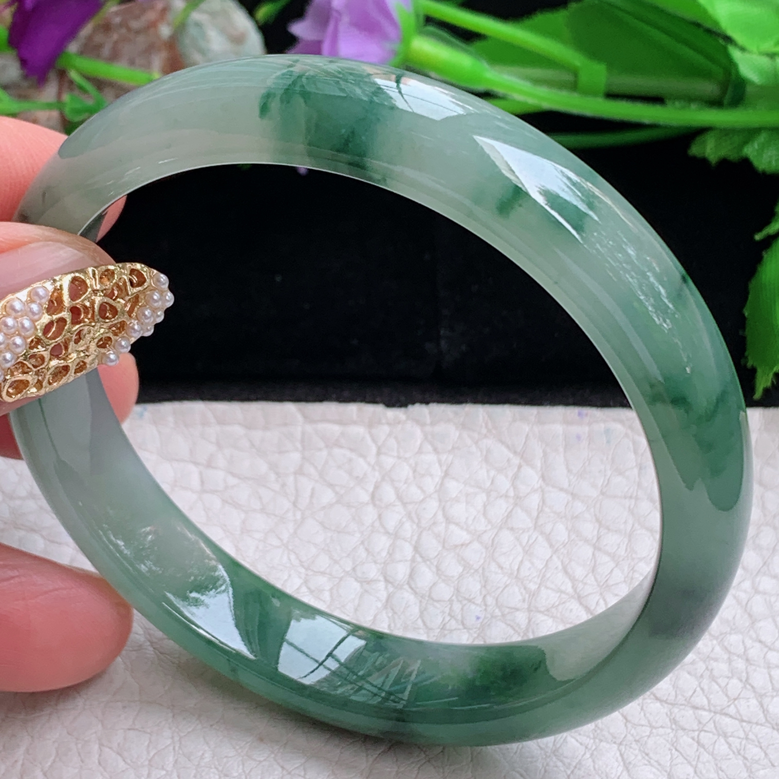 js实拍59*12*7平安镯 天然缅甸翡翠a货手镯冰飘花正圈玉镯子