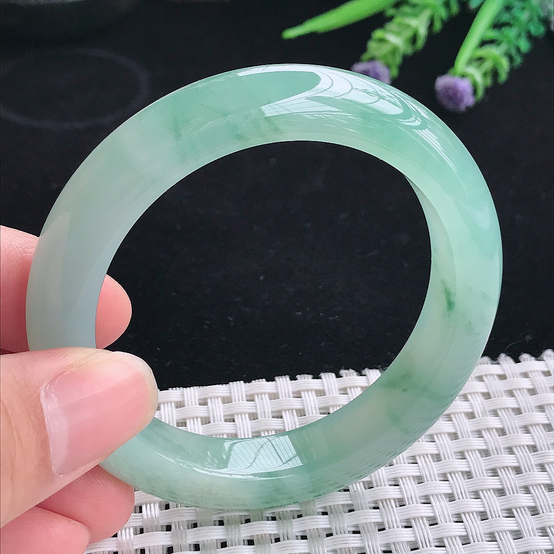 实拍A货翡翠53/11.3/9.1老坑冰胶果冻冰晴飘花手镯平安镯