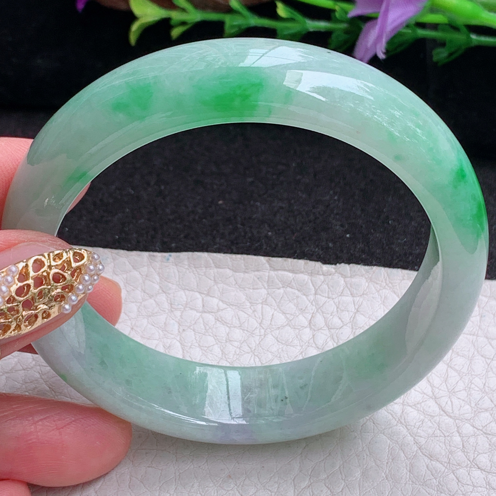 ss实拍56.8*15*8轮胎镯 天然缅甸翡翠手镯飘阳绿正圈玉镯子