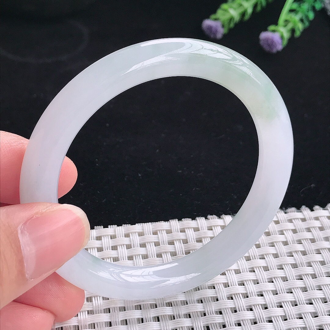 实拍A货翡翠53/8.8/8.6老坑冰润水灵飘花圆条手镯翡翠玉镯平安镯