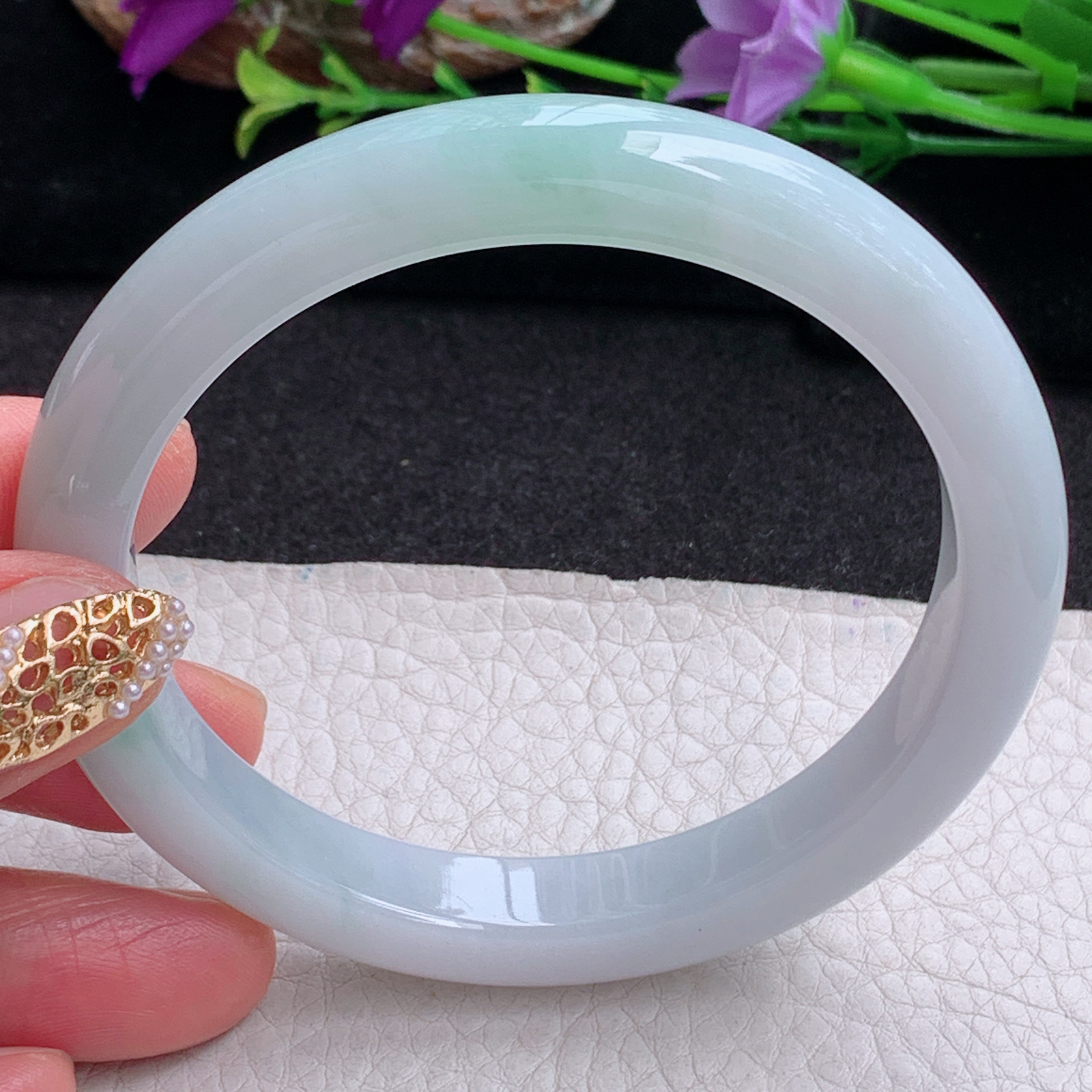 hy大圈口60.8*9.8*8.3平安镯 天然缅甸翡翠手镯飘绿胶感正圈玉镯子