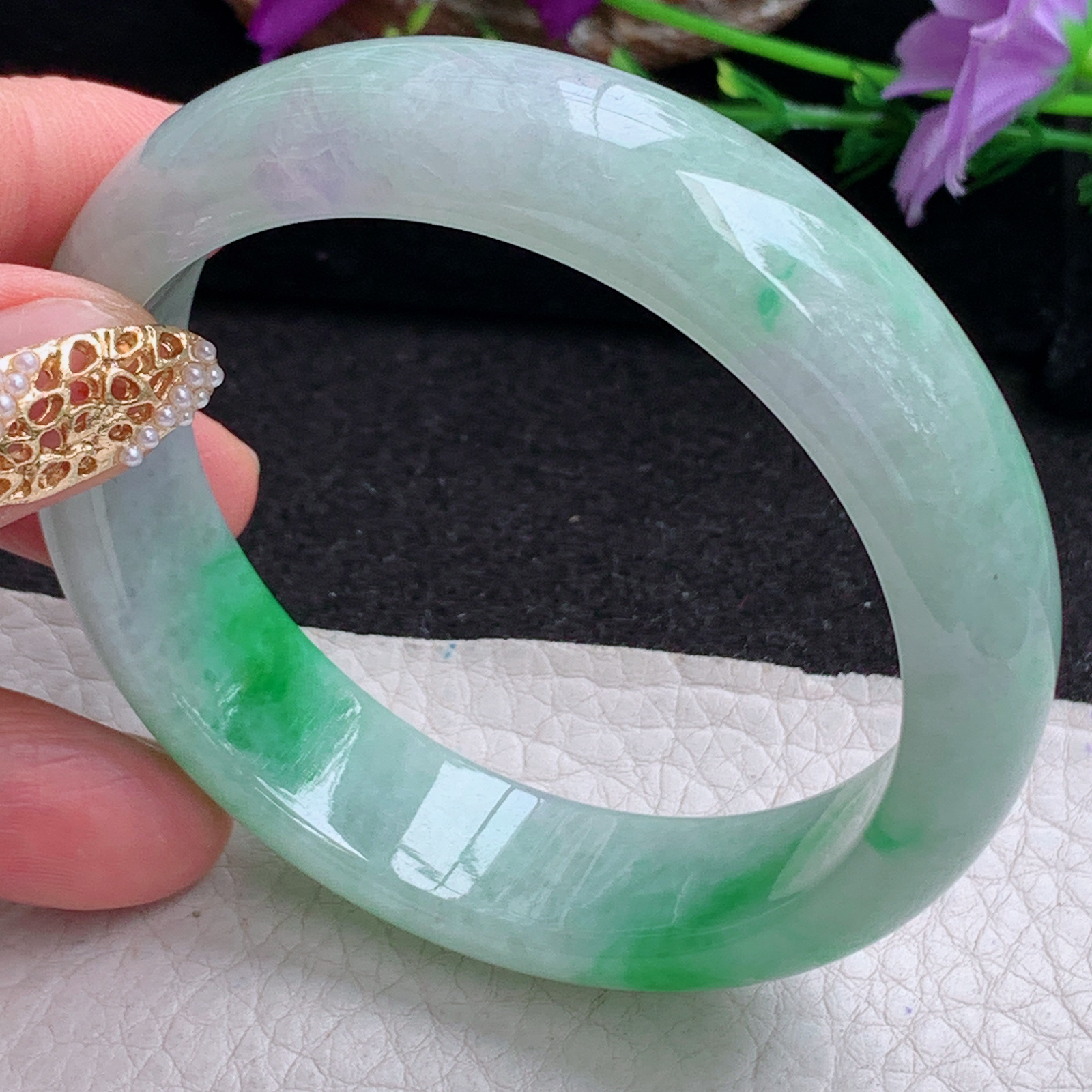 ss实拍56.8*15*8轮胎镯 天然缅甸翡翠手镯飘阳绿正圈玉镯子