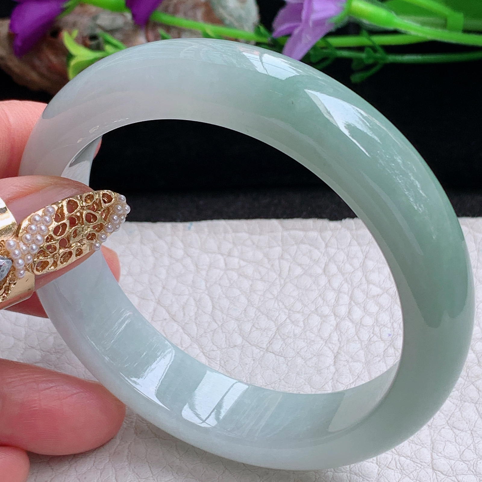 js实拍58*14*8.6招财镯 天然缅甸翡翠a货手镯半山水正圈玉镯子