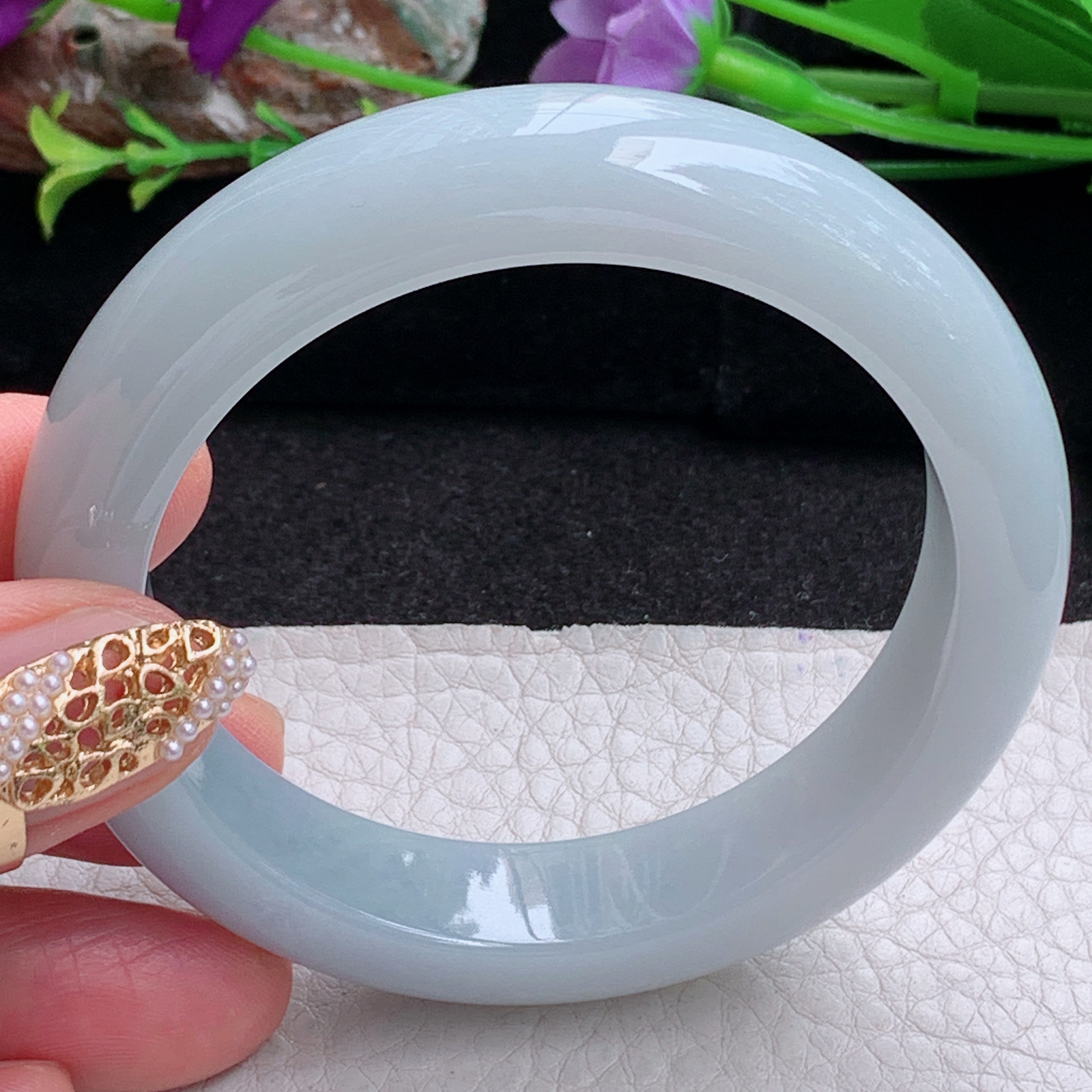 z实拍54.5*13.2*8.8平安镯 天然缅甸翡翠a货手镯淡蓝紫底正圈玉镯子