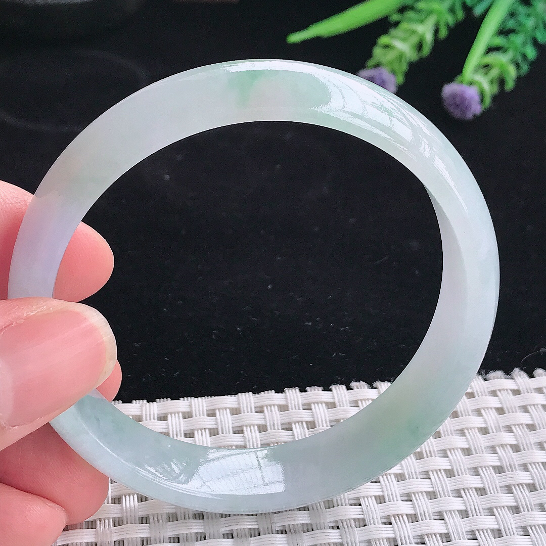 实拍A货翡翠58/14/6.6老坑冰润起胶飘花手镯翡翠宽边玉镯平安镯