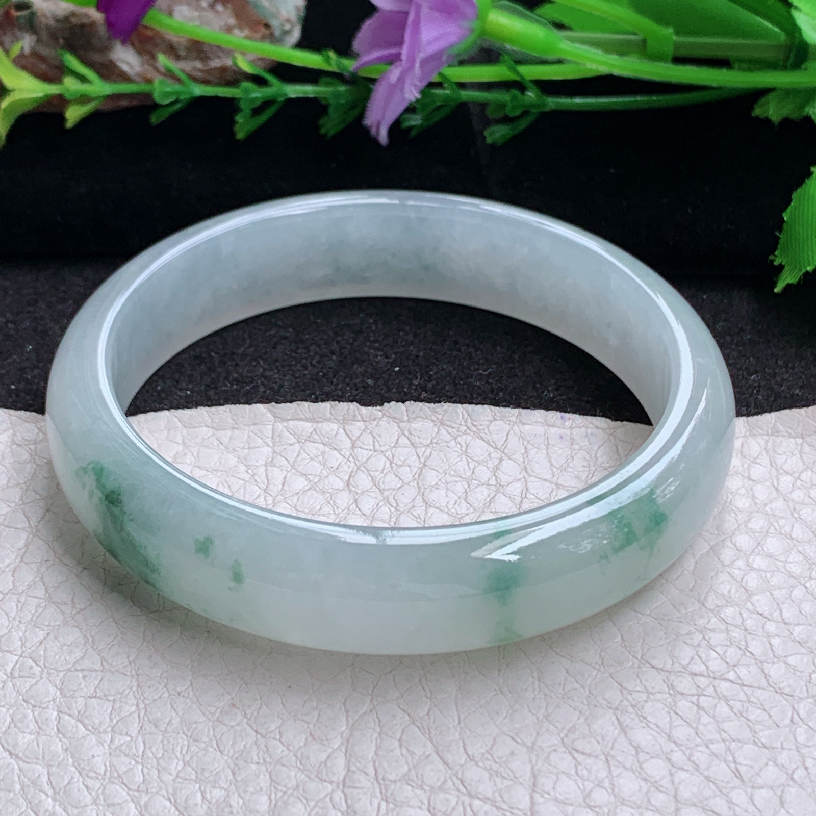 pj实拍58*13*7.2平安镯 天然缅甸翡翠手镯冰飘花厚装正圈玉镯子