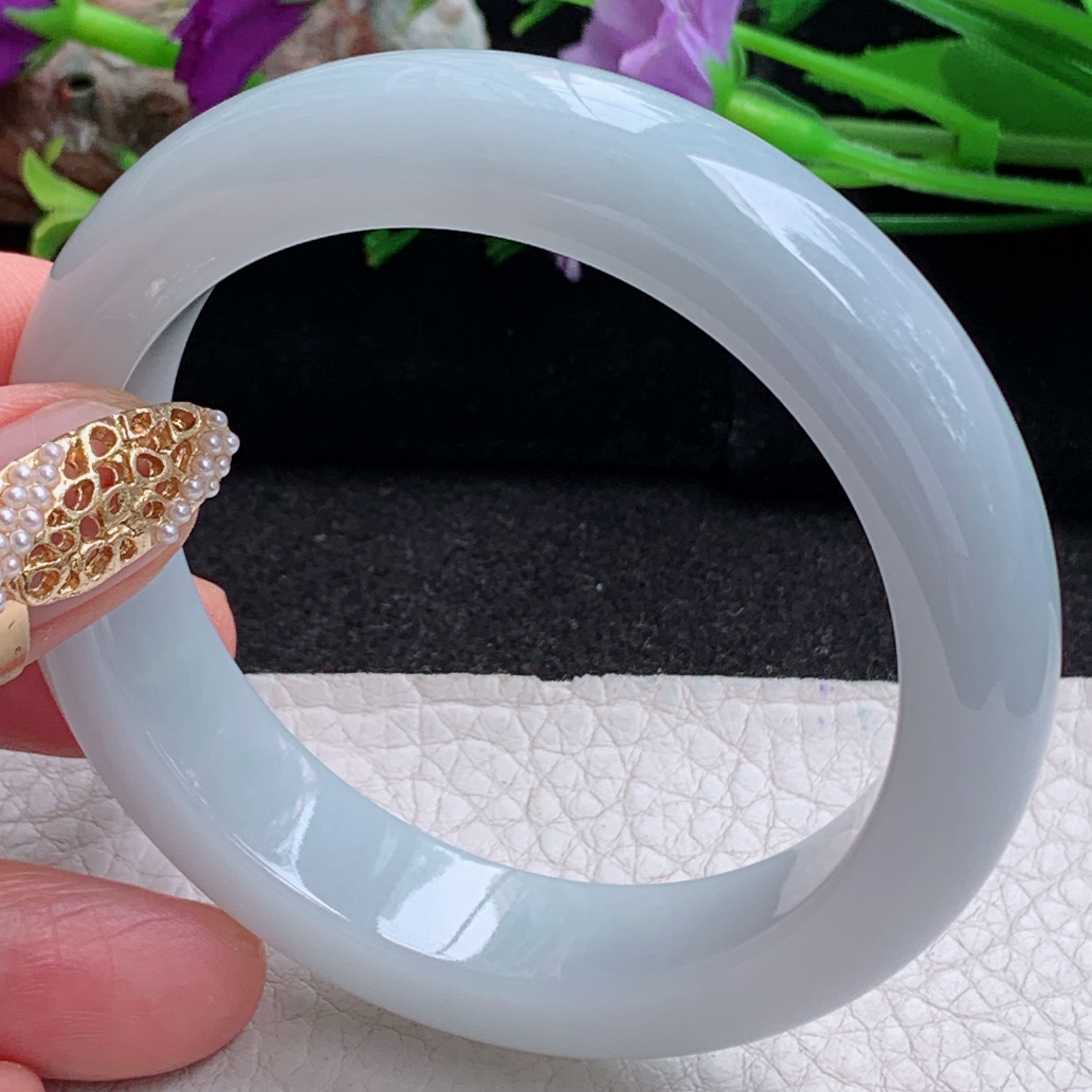 z实拍54.5*13.2*8.8平安镯 天然缅甸翡翠a货手镯淡蓝紫底正圈玉镯子