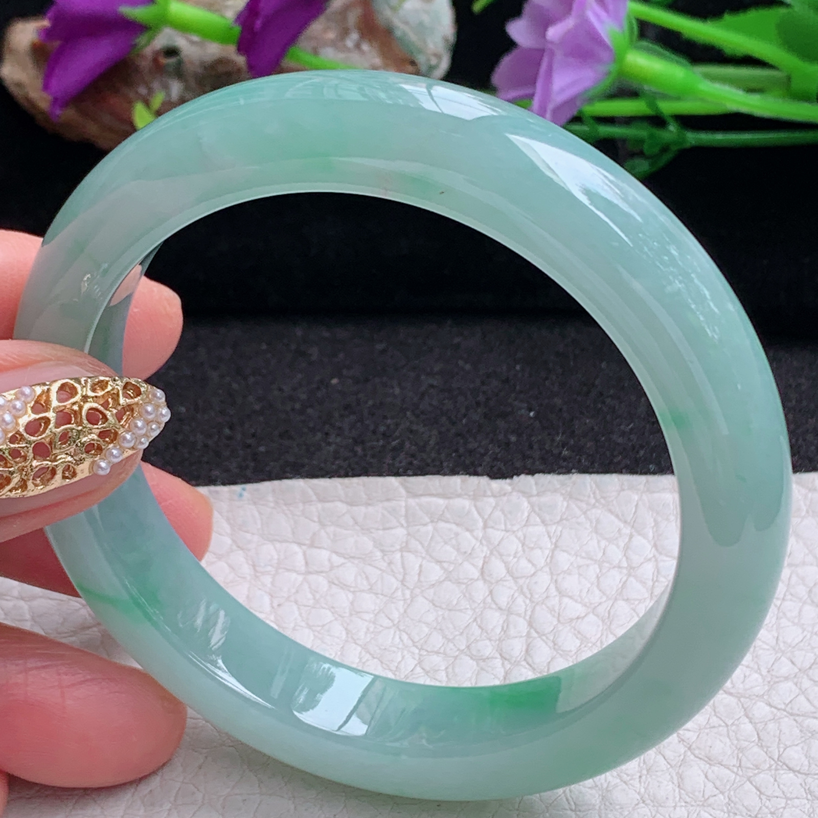 fx实拍56*12*8.6平安镯 天然缅甸翡翠a货手镯冰胶飘绿正圈玉镯子