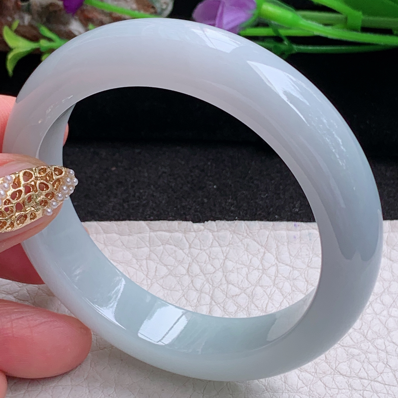 z实拍54.5*13.2*8.8平安镯 天然缅甸翡翠a货手镯淡蓝紫底正圈玉镯子