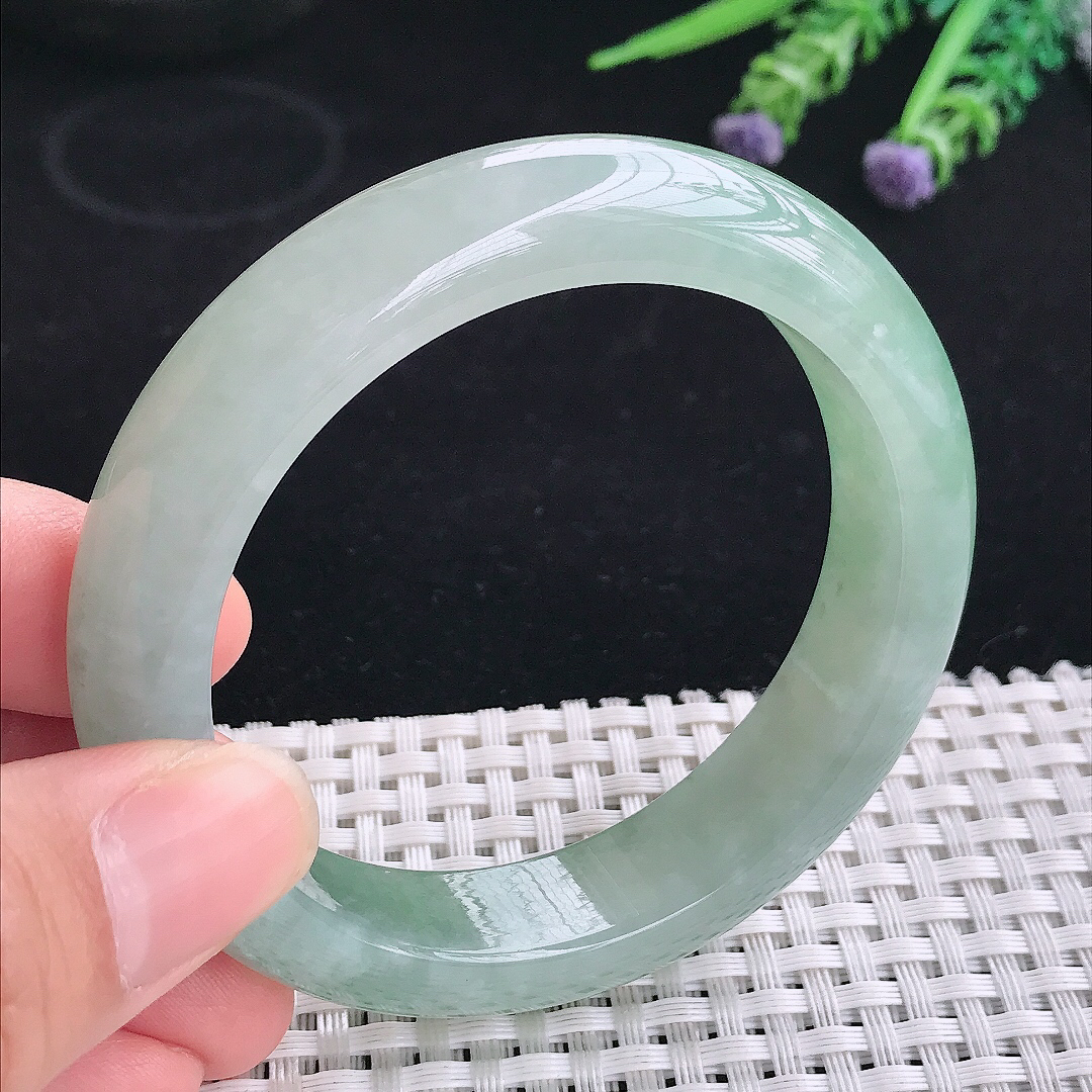 实拍A货翡翠56/13.5/9老坑冰胶冰晴绿手镯翡翠宽边玉镯平安镯