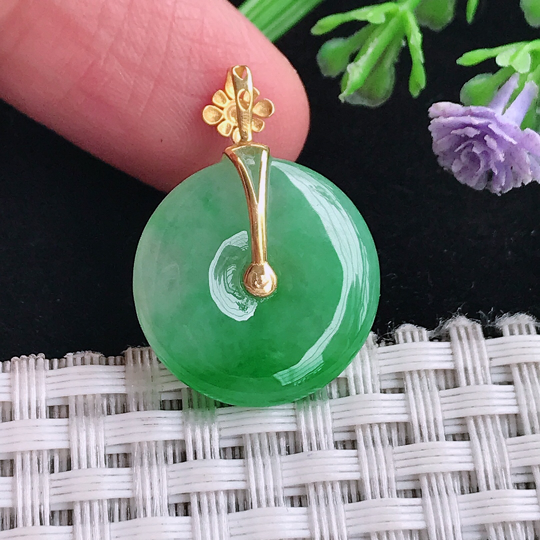 自然光18.4/4老坑18k金镶嵌满绿冰阳绿平安扣吊坠翡翠玉扣挂件
