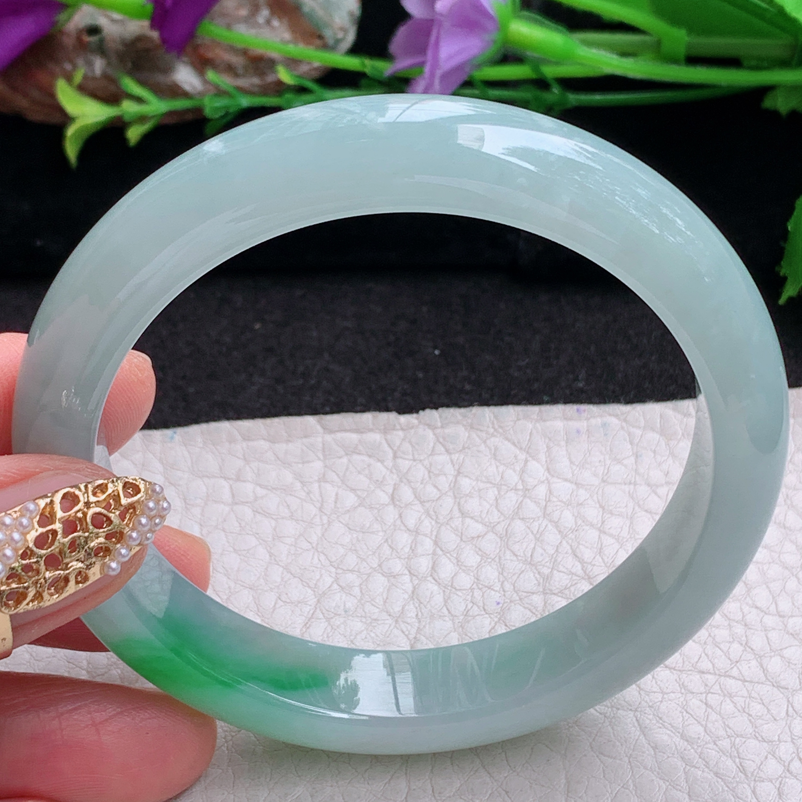 fx实拍58.5*12.5*8平安镯 天然缅甸翡翠a货手镯冰胶飘绿正圈玉镯子