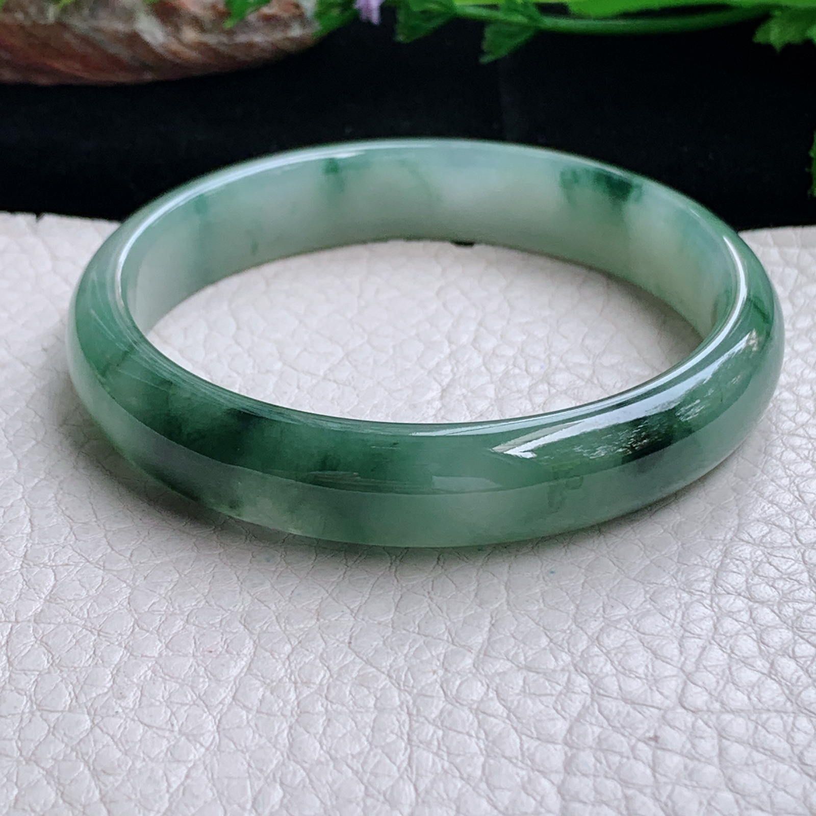 js实拍59*12*7平安镯 天然缅甸翡翠a货手镯冰飘花正圈玉镯子