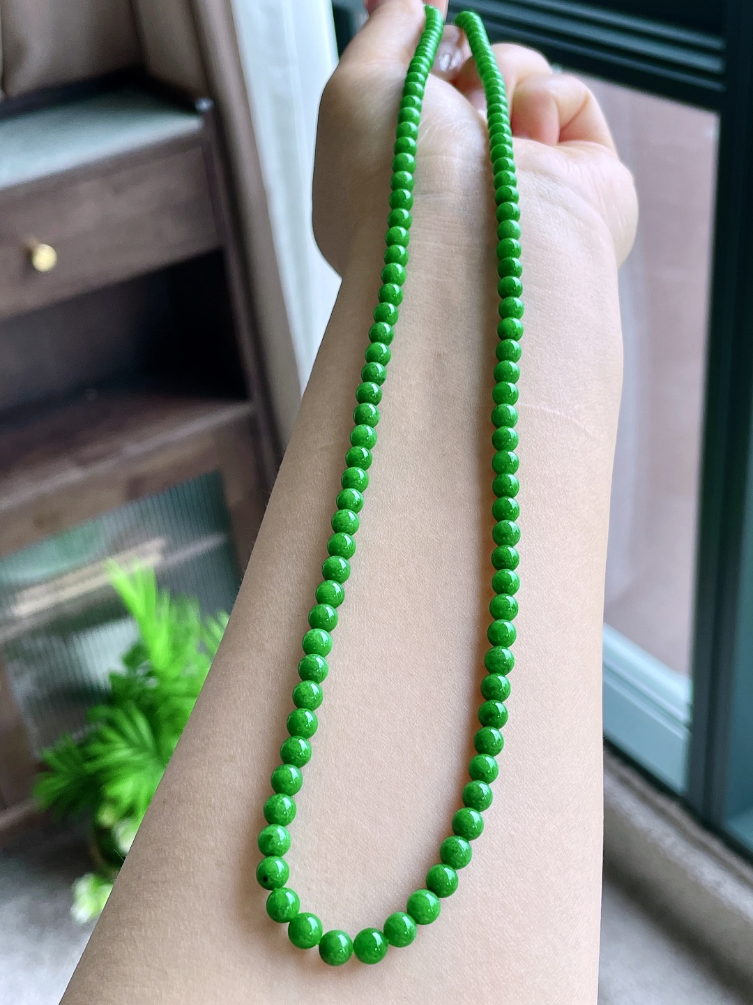 珠子，冰阳绿珠链圆珠珠子珠链，性比高，4.6-5mm，32cm，27.4克