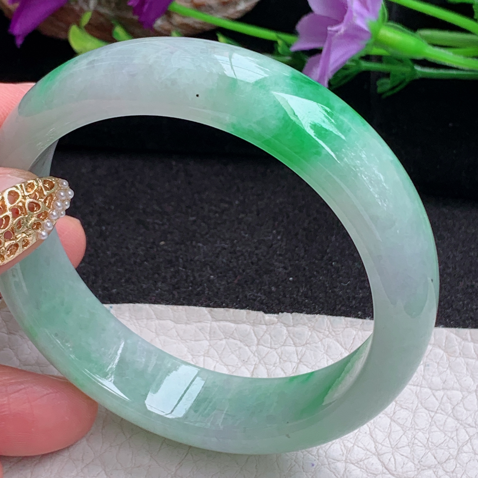 ss实拍56.8*15*8轮胎镯 天然缅甸翡翠手镯飘阳绿正圈玉镯子