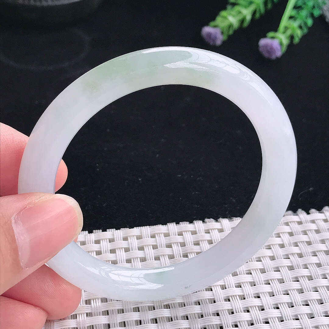实拍A货翡翠53/8.8/8.6老坑冰润水灵飘花圆条手镯翡翠玉镯平安镯