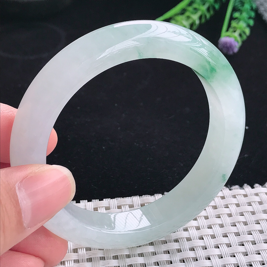 实拍A货翡翠55/11.8/9.2老坑冰透起胶冰飘花手镯翡翠宽边玉镯平安镯